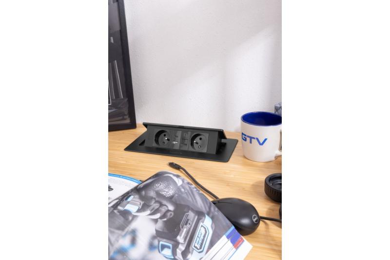 MULTISOFT Kalustepistorasia 2x Maadoitettu Pistorasia, USB A+C, RJ45, Virtajohto Pistokkeella, Musta