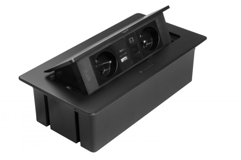 MULTISOFT Kalustepistorasia 2x Maadoitettu Pistorasia, USB A+C, RJ45, Virtajohto Pistokkeella, Musta