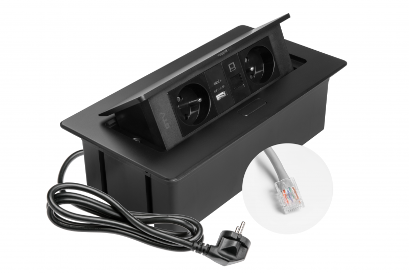 MULTISOFT Kalustepistorasia 2x Maadoitettu Pistorasia, USB A+C, RJ45, Virtajohto Pistokkeella, Musta