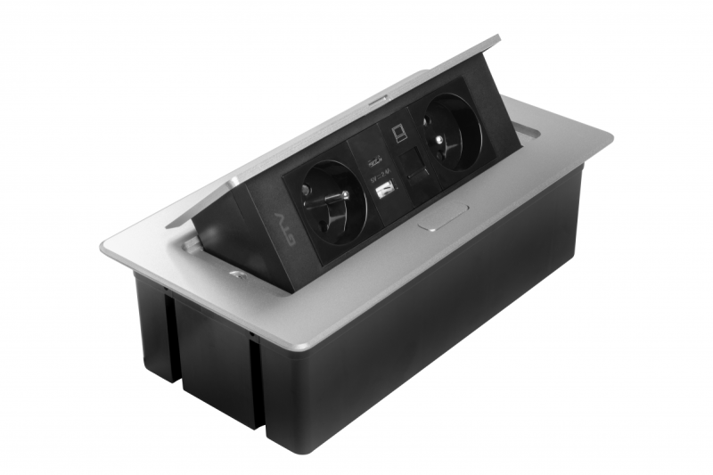 MULTISOFT Huonekalupistorasia 2x Maadoitettu Pistorasia, USB A+C, RJ45, Virtajohto Pistokkeella, Alumiini