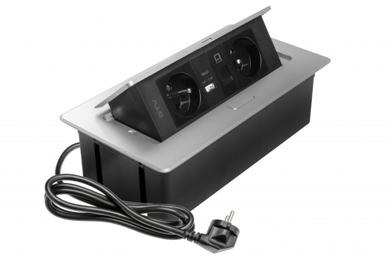 MULTISOFT Huonekalupistorasia 2x Maadoitettu Pistorasia, USB A+C, RJ45, Virtajohto Pistokkeella, Alumiini