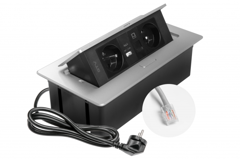 MULTISOFT Huonekalupistorasia 2x Maadoitettu Pistorasia, USB A+C, RJ45, Virtajohto Pistokkeella, Alumiini