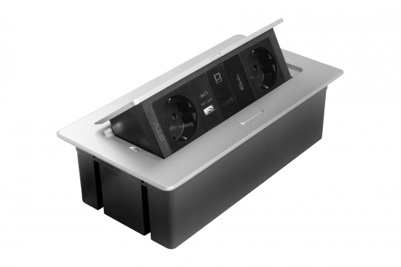 Huonekalupistorasia MULTISOFT, 2xSCHUKO, USB A+C, RJ45, HDMI-kaapeli 1,5 m, alumiini