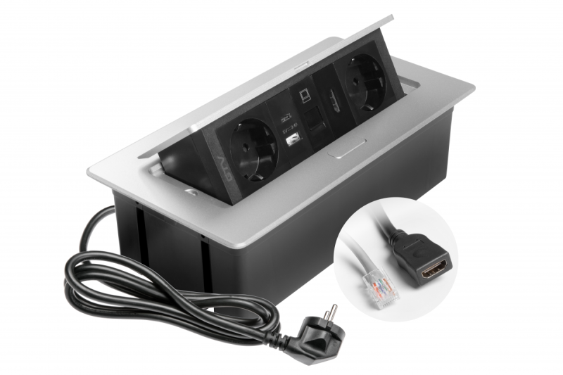 Huonekalupistorasia MULTISOFT, 2xSCHUKO, USB A+C, RJ45, HDMI-kaapeli 1,5 m, alumiini