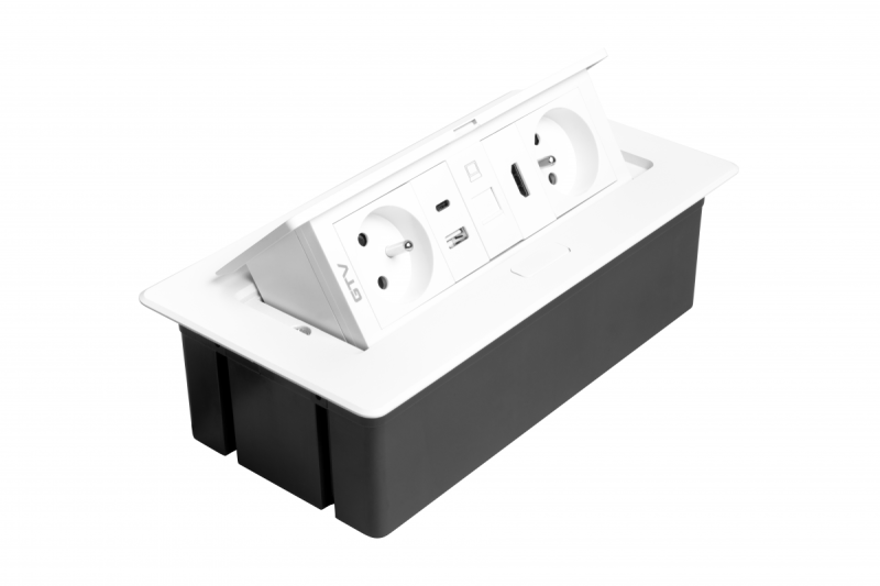 MULTISOFT kalustepistorasia 2x maadoitettu pistorasia, USB A+C, RJ45, HDMI, virtajohto pistokkeella, valkoinen