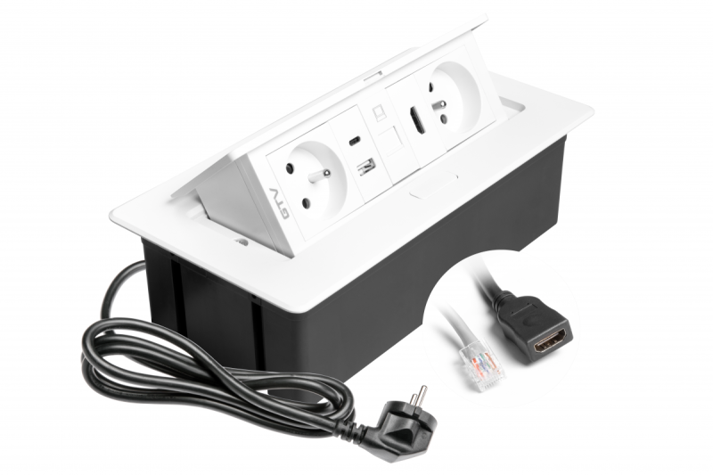 MULTISOFT kalustepistorasia 2x maadoitettu pistorasia, USB A+C, RJ45, HDMI, virtajohto pistokkeella, valkoinen