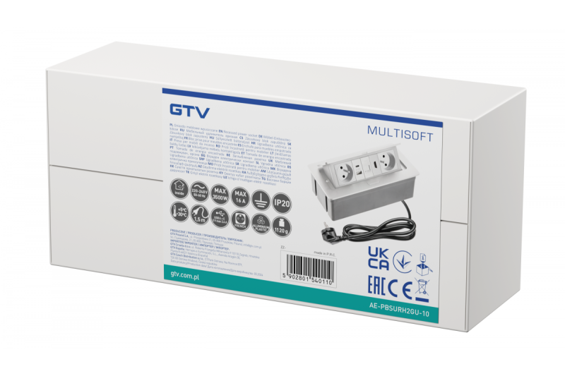 MULTISOFT kalustepistorasia 2x maadoitettu pistorasia, USB A+C, RJ45, HDMI, virtajohto pistokkeella, valkoinen