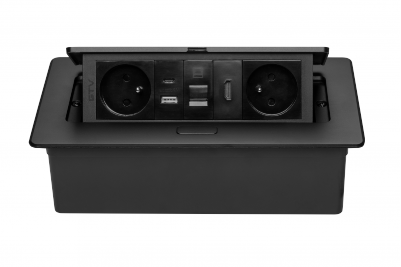 MULTISOFT kalustepistorasia 2x Pistorasia maadoituksella, USB A+C, RJ45, HDMI, virtajohto pistokkeella, musta