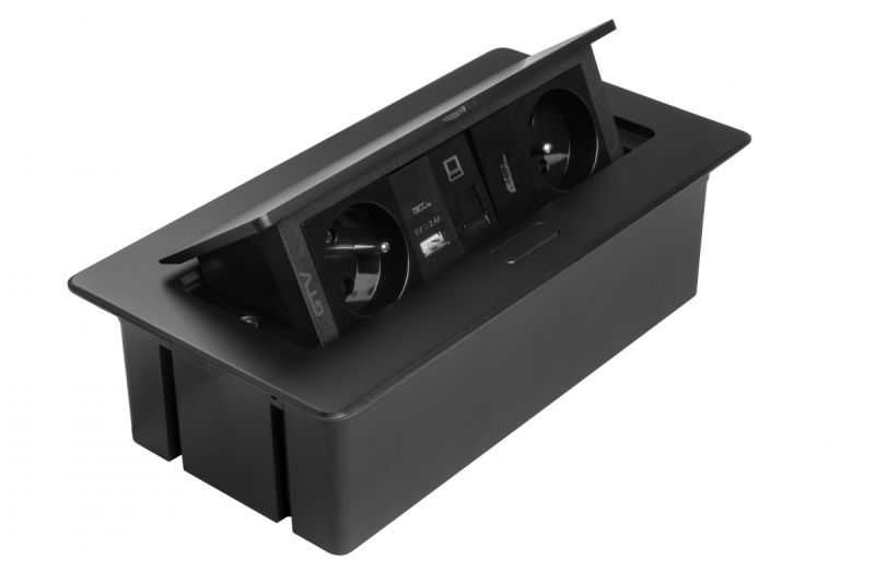 MULTISOFT kalustepistorasia 2x Pistorasia maadoituksella, USB A+C, RJ45, HDMI, virtajohto pistokkeella, musta