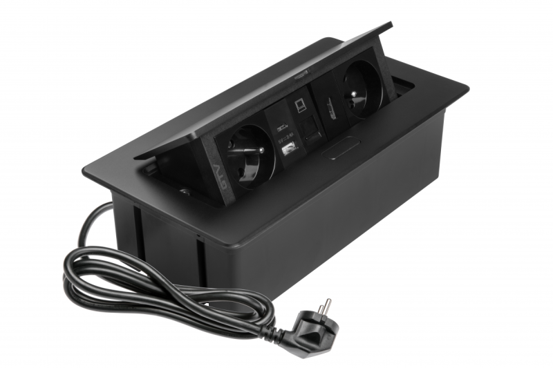 MULTISOFT kalustepistorasia 2x Pistorasia maadoituksella, USB A+C, RJ45, HDMI, virtajohto pistokkeella, musta