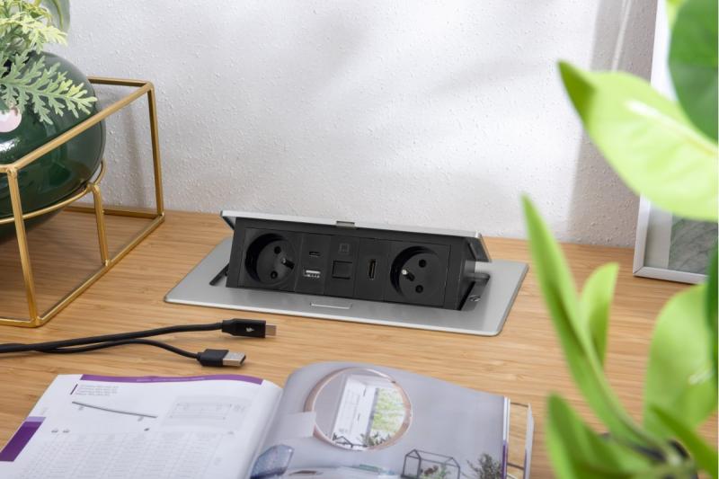 MULTISOFT huonekalupistorasia 2x maadoitettu pistorasia, USB A+C, RJ45, HDMI, virtajohto pistokkeella, alumiini