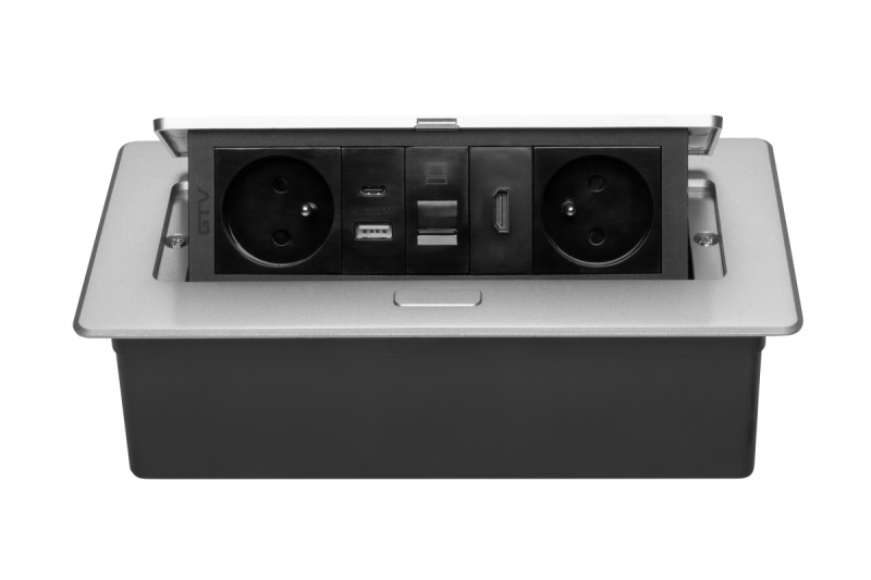 MULTISOFT huonekalupistorasia 2x maadoitettu pistorasia, USB A+C, RJ45, HDMI, virtajohto pistokkeella, alumiini