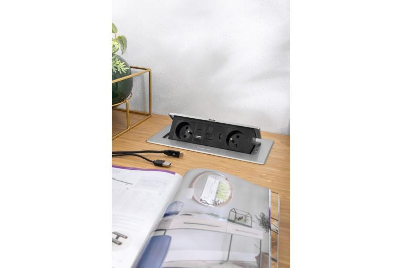 MULTISOFT huonekalupistorasia 2x maadoitettu pistorasia, USB A+C, RJ45, HDMI, virtajohto pistokkeella, alumiini