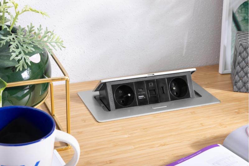 MULTISOFT huonekalupistorasia 2x maadoitettu pistorasia, USB A+C, RJ45, HDMI, virtajohto pistokkeella, alumiini