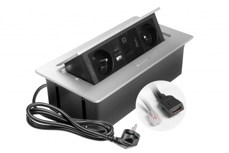 MULTISOFT huonekalupistorasia 2x maadoitettu pistorasia, USB A+C, RJ45, HDMI, virtajohto pistokkeella, alumiini