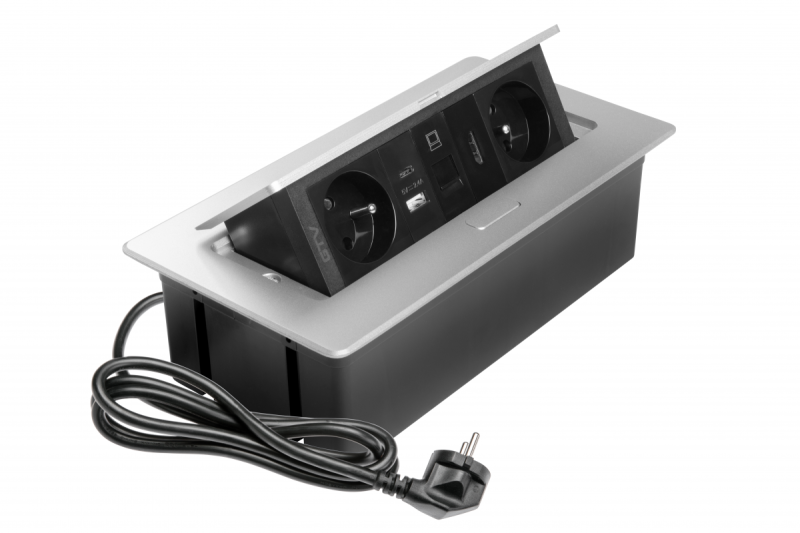 MULTISOFT huonekalupistorasia 2x maadoitettu pistorasia, USB A+C, RJ45, HDMI, virtajohto pistokkeella, alumiini