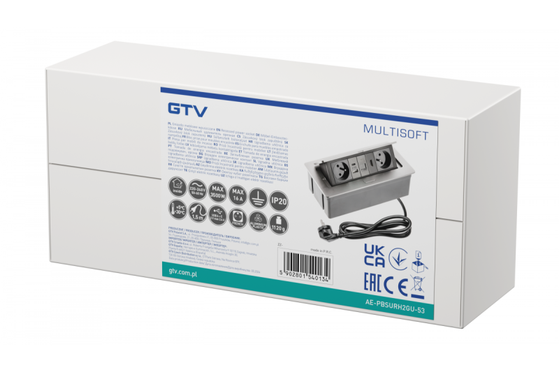 MULTISOFT huonekalupistorasia 2x maadoitettu pistorasia, USB A+C, RJ45, HDMI, virtajohto pistokkeella, alumiini