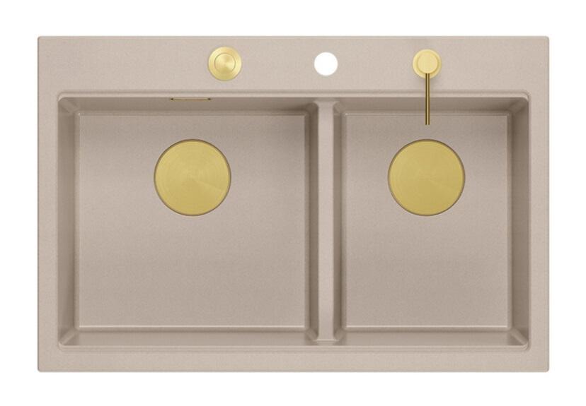 Quadri Hard Rock -kaksinkertainen beige graniitti pinta-asennusallas 76x50 cm, kultainen tulppa ja tarvikkeet 1208971663 - Productafbeelding