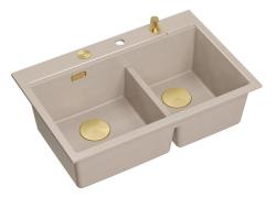 Quadri Hard Rock -kaksinkertainen beige graniitti pinta-asennusallas 76x50 cm, kultainen tulppa ja tarvikkeet 1208971663