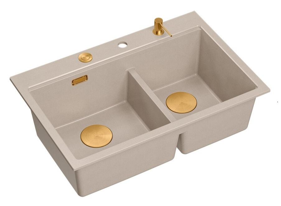 Quadri Hard Rock Double Beige Graniitti Päällekkäinen Pesuallas 76x50 cm Kuparitulppa ja lisävarusteet 1208971726 - Productafbeelding 2