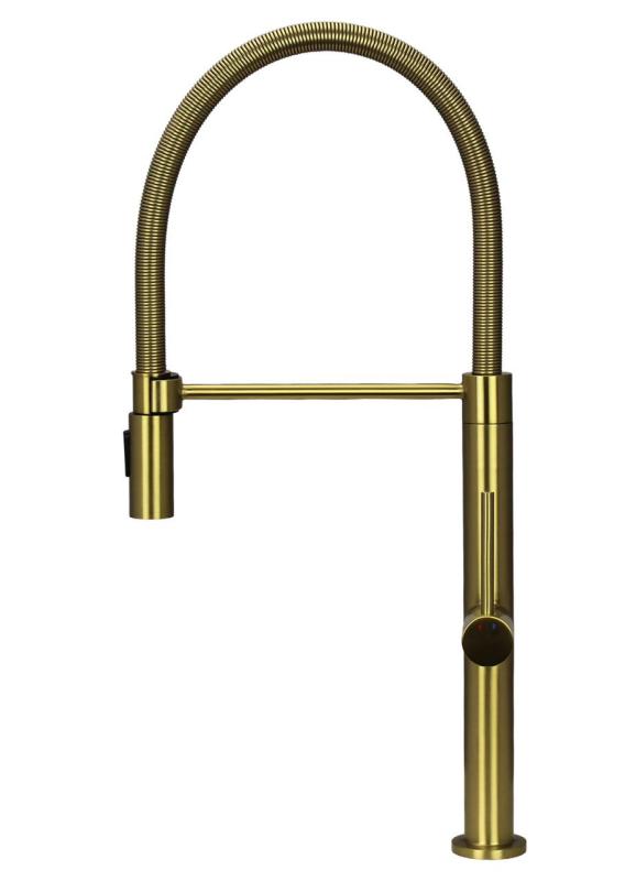 Pure.Sink Luxion Kultaisen keittiöhanan profiili joustavalla suihkulla ja 2 suihkutyypillä PLXFLEX-60