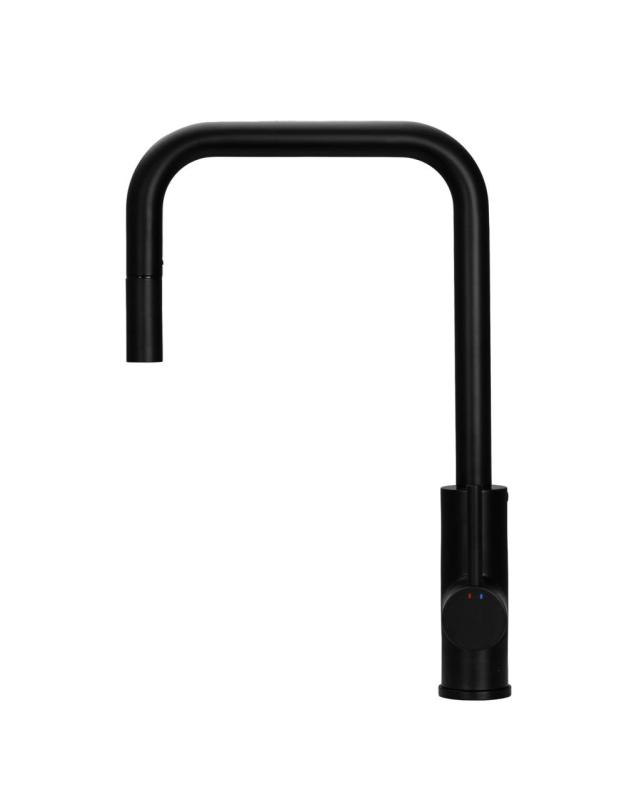 Pure.Sink Luxion Matto Musta keittiöhanan neliö ulosvedettävällä suuttimella PLXSQUA-10