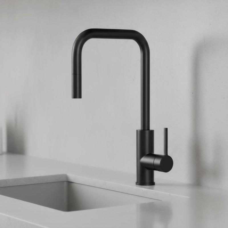 Pure.Sink Luxion Mat Musta keittiöhanan neliönmuotoinen, ulosvedettävä suutin PLXSQUA-10
