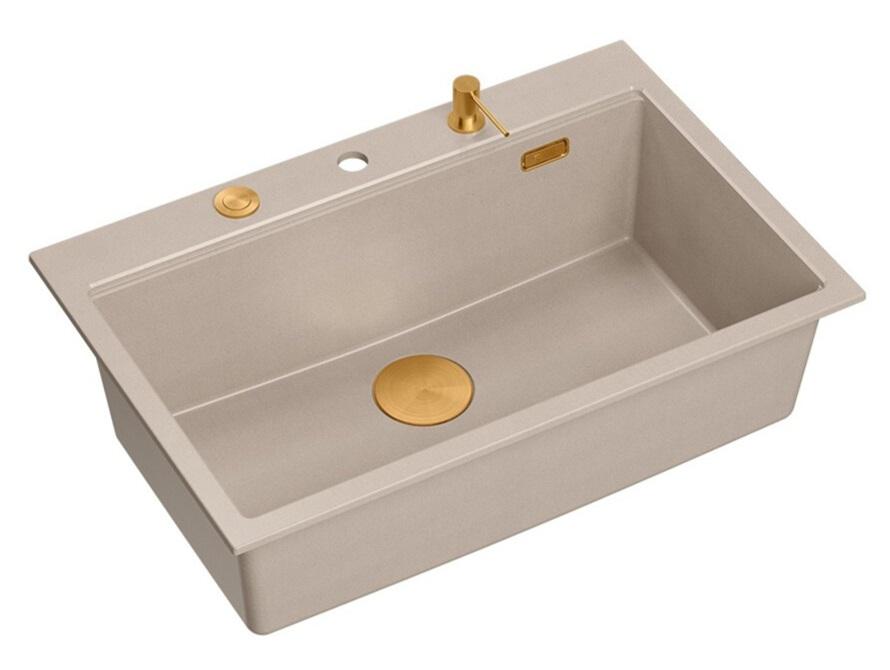 Quadri Hard Rock Beige graniittinen päälle asennettava suuri tiskiallas 76x50cm, mukaan lukien kuparinen tulppa ja lisävarusteet 1208971750 - Productafbeelding 2