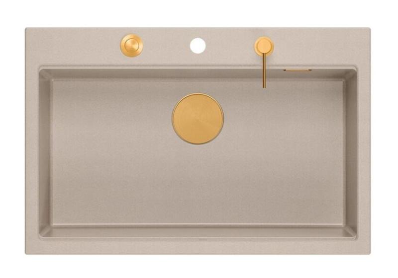 Quadri Hard Rock Beige graniittinen päälle asennettava suuri tiskiallas 76x50cm, mukaan lukien kuparinen tulppa ja lisävarusteet 1208971750