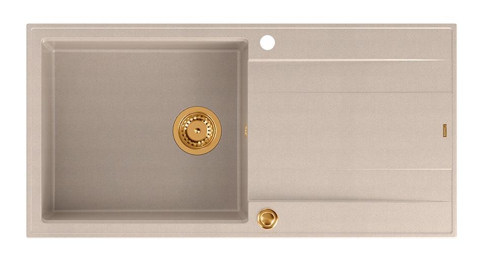 Quadri Luton helmen beige graniittiallas, jossa on kuivaustaso, kääntyvä 100x50cm ja kuparinen tulppa 1208971770 - Productafbeelding