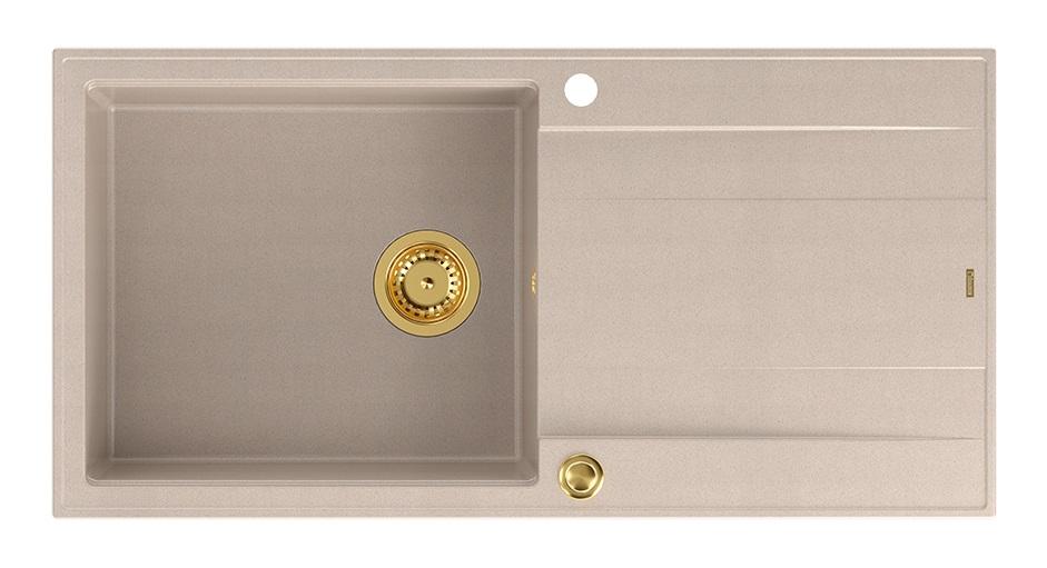 Quadri Luton beige graniitti tasoon asennettava tiskiallas leikkuulaudalla, kääntyvä 100x50cm kultaisella tulppalla 1208971771 - Productafbeelding