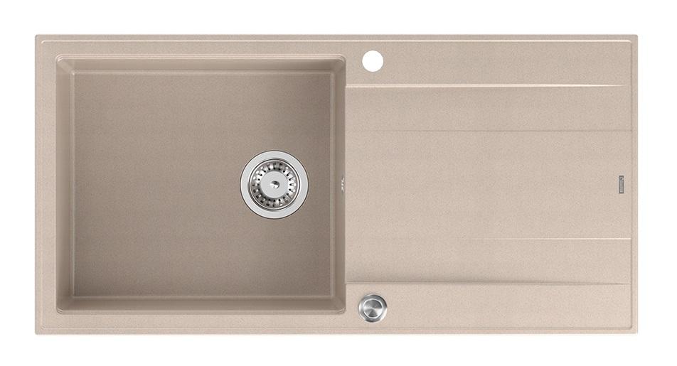 Quadri Luton pearl beige graniittinen päälle asennettava tiskiallas tiputusalustalla, kääntyvä 100x50cm ruostumattomalla teräsproppulla 1208971772 - Productafbeelding