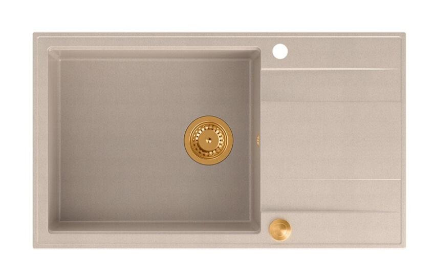 Quadri Luton pearl beige graniitti suuri päälle asennettava tiskiallas, jossa on kääntyvä kuivausalue 86x50cm ja kuparinen pistoke 1208971773 - Productafbeelding