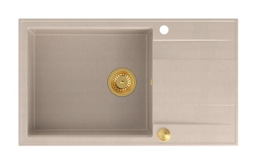 Quadri Luton pearl beige graniittinen suuri päälle asennettava pesuallas, jossa on kuivausalue, kääntyvä 86x50cm, kultaisella tulppalla 1208971774 - Productafbeelding