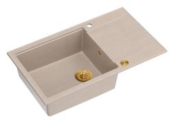 Quadri Luton pearl beige graniittinen suuri päälle asennettava pesuallas, jossa on kuivausalue, kääntyvä 86x50cm, kultaisella tulppalla 1208971774