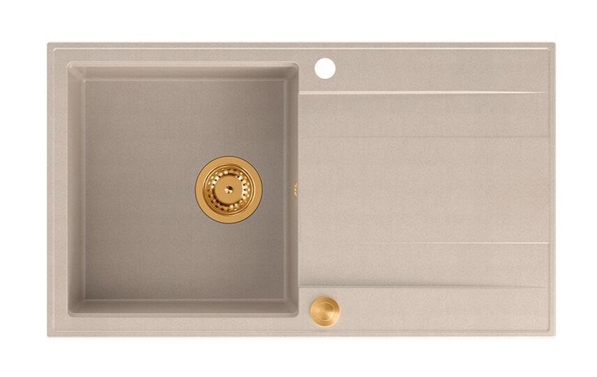 Quadri Luton pearl beige graniitti päälle asennettava tiskiallas, jossa on kuivaustaso, kääntyvä 86x50cm, kuparinen pistoke 1208971777 - Productafbeelding