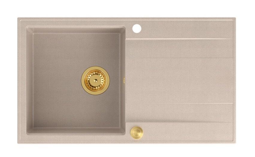 Quadri Luton pearl beige graniitti päälle asennettava tiskiallas, jossa on kuivausalue, käännettävä 86x50cm, kultaisella tulppalla 1208971778 - Productafbeelding