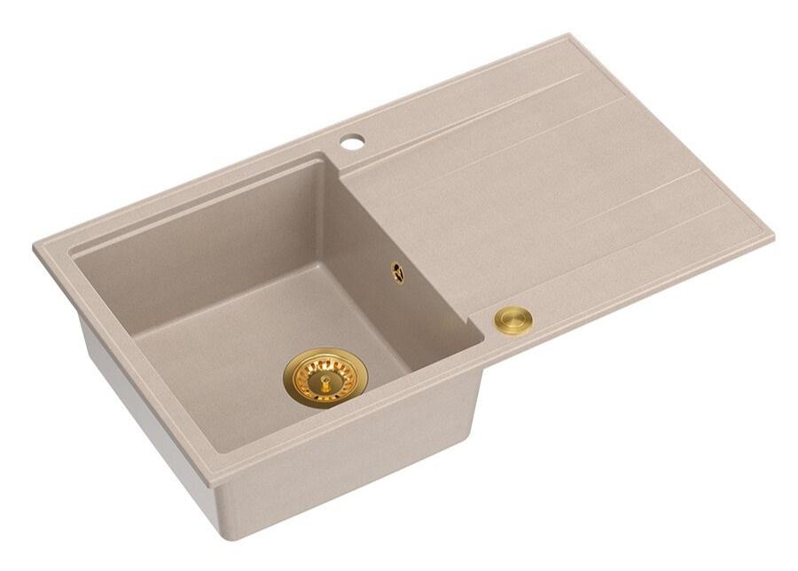 Quadri Luton pearl beige graniitti päälle asennettava tiskiallas, jossa on kuivausalue, käännettävä 86x50cm, kultaisella tulppalla 1208971778 - Productafbeelding 2