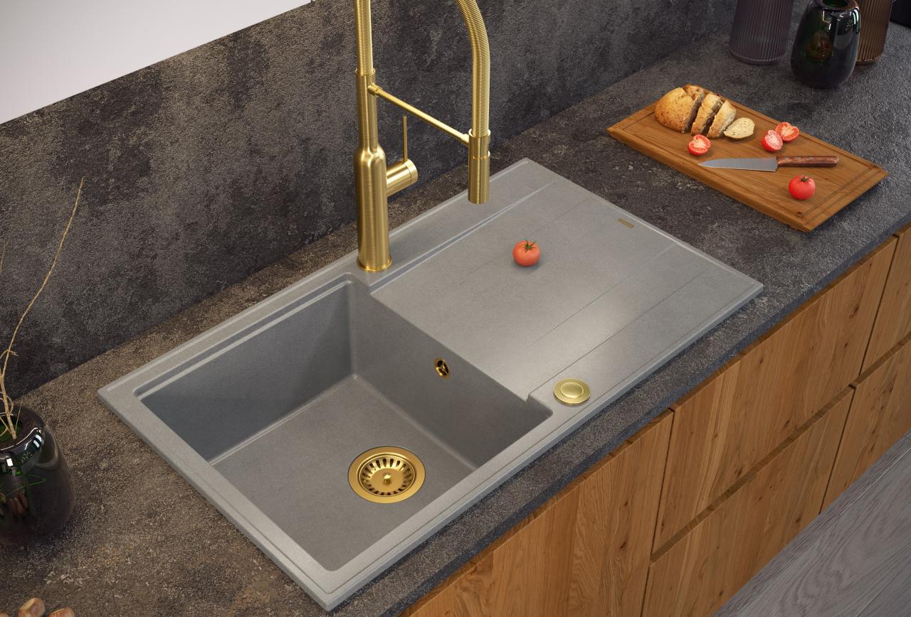 Quadri Luton pearl beige graniitti päälle asennettava tiskiallas, jossa on kuivausalue, käännettävä 86x50cm, kultaisella tulppalla 1208971778 - Productafbeelding 3