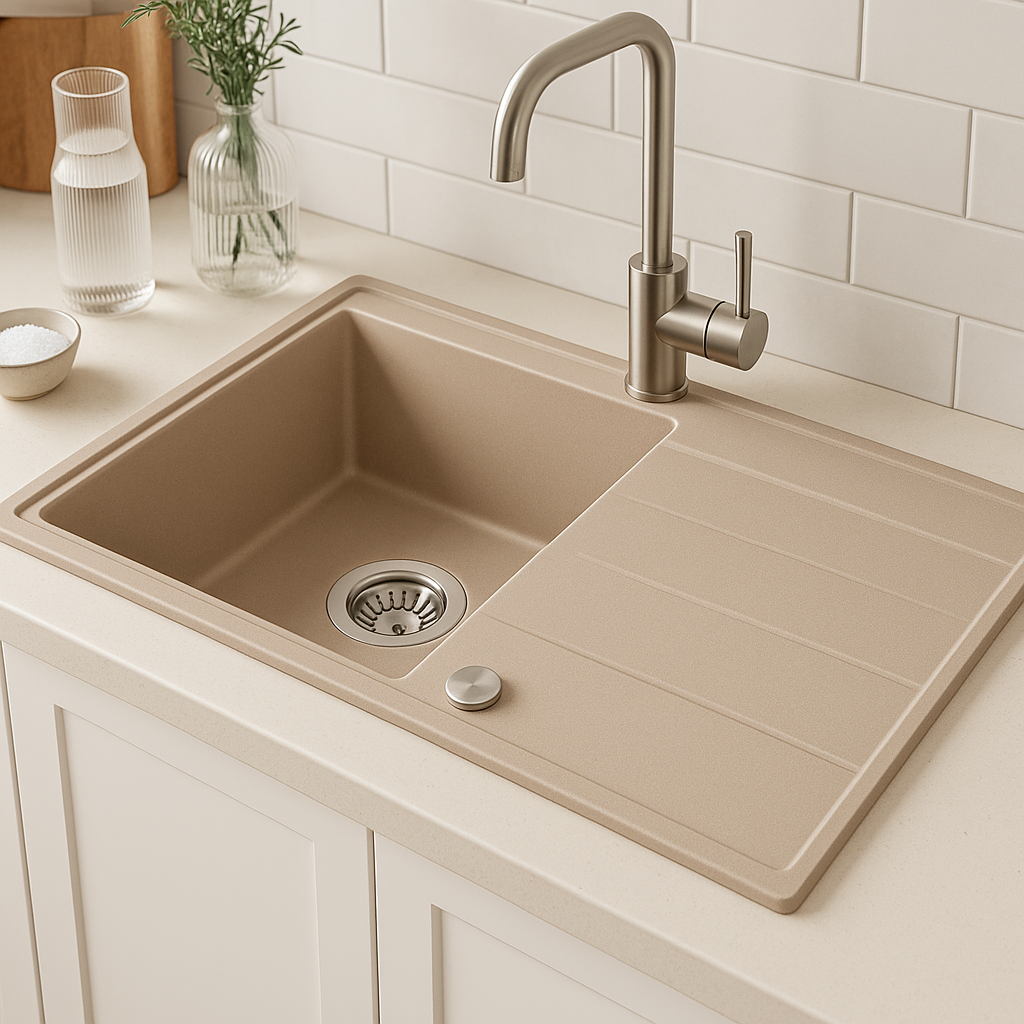 Quadri Luton pearl beige graniitti päälle asennettava tiskiallas, kääntyvä kuivausalue 86x50cm, ruostumattomasta teräksestä valmistettu tulppa 1208971779 - Productafbeelding 2