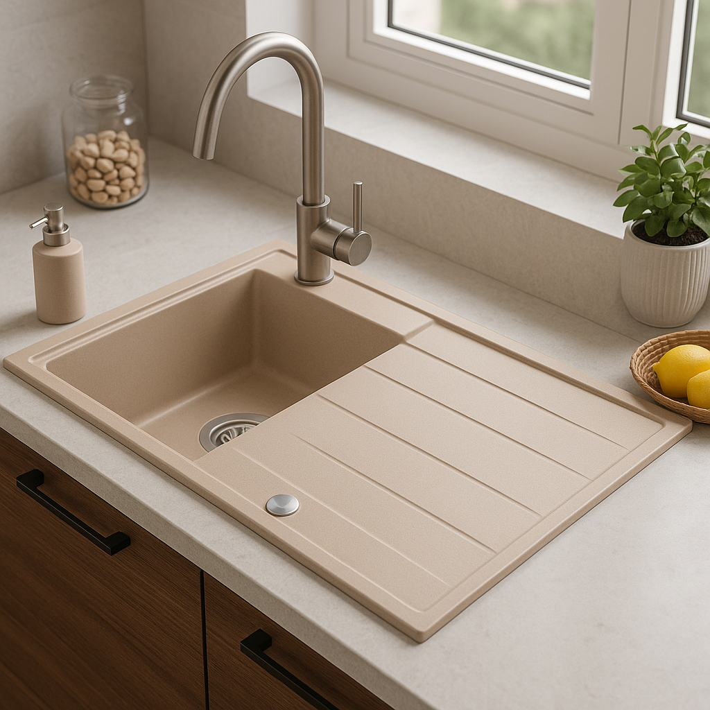 Quadri Luton pearl beige graniitti päälle asennettava tiskiallas, kääntyvä kuivausalue 86x50cm, ruostumattomasta teräksestä valmistettu tulppa 1208971779 - Productafbeelding 3