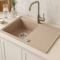 Quadri Luton pearl beige graniitti päälle asennettava tiskiallas, kääntyvä kuivausalue 86x50cm, ruostumattomasta teräksestä valmistettu tulppa 1208971779