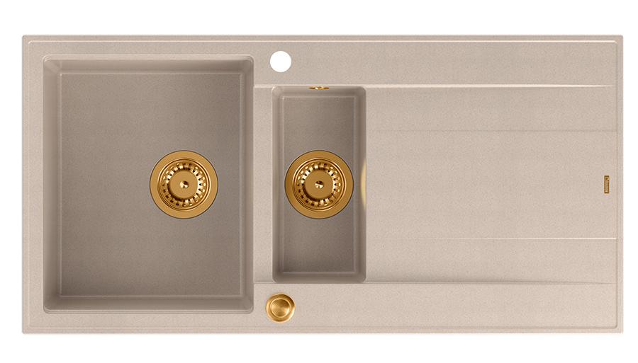 Quadri Luton helmen beige graniittinen päälle asennettava 1,5 altaalla varustettu tiskipöytä, jossa on kuivausalue, käännettävissä 100x50cm ja kuparinen pistoke 1208971792 - Productafbeelding