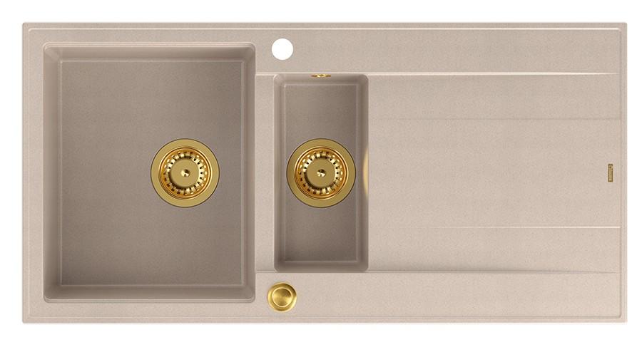 Quadri Luton pearl beige graniitti päälle asennettava 1,5 altaan tiskipöytä kääntyvällä valutusalustalla 100x50cm kultaisten tulppien kanssa 1208971793 - Productafbeelding