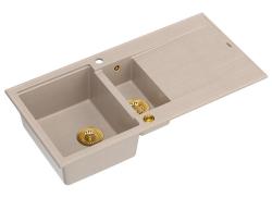 Quadri Luton pearl beige graniitti päälle asennettava 1,5 altaan tiskipöytä kääntyvällä valutusalustalla 100x50cm kultaisten tulppien kanssa 1208971793
