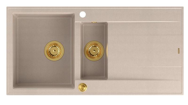 Quadri Luton pearl beige graniitti päälle asennettava 1,5 altaan tiskipöytä kääntyvällä valutusalustalla 100x50cm kultaisten tulppien kanssa 1208971793