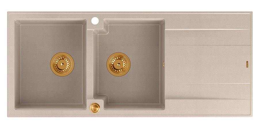 Quadri Lutonin rakentama kahden hana-aukon graniittiallas pearl beige värisenä, jossa on kuivausalue 116x50 cm ja kuparinen tulppa 1208971801 - Productafbeelding
