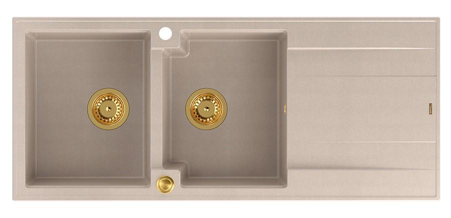 Quadri Luton päällystetty kaksinkertainen graniittiallas helmi beige värissä tiskausalueella, koko 116x50 cm, kultaisella tulppa 1208971809 - Productafbeelding