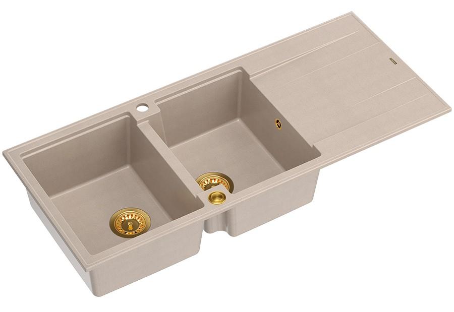 Quadri Luton päällystetty kaksinkertainen graniittiallas helmi beige värissä tiskausalueella, koko 116x50 cm, kultaisella tulppa 1208971809 - Productafbeelding 2