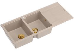 Quadri Luton päällystetty kaksinkertainen graniittiallas helmi beige värissä tiskausalueella, koko 116x50 cm, kultaisella tulppa 1208971809